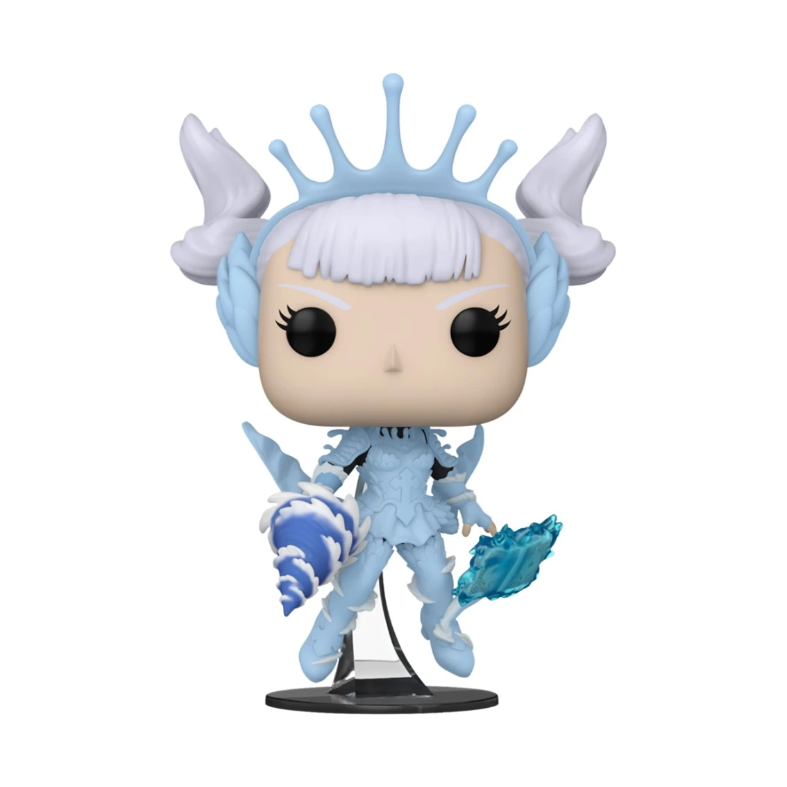 Una statuetta Funko Pop di una regina di ghiaccio azzurra con capelli bianchi e una corona. Tiene una conchiglia e una lama.