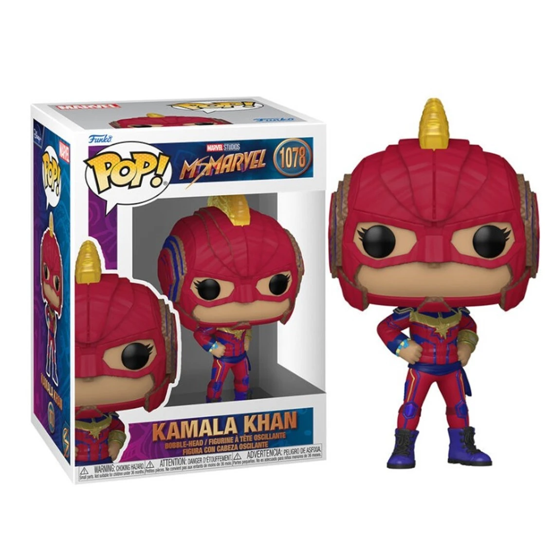 Una statuetta bobblehead di Kamala Khan Funko Pop nella scatola. È rossa e blu, con un ciuffo dorato. La scatola mostra la statuetta.
