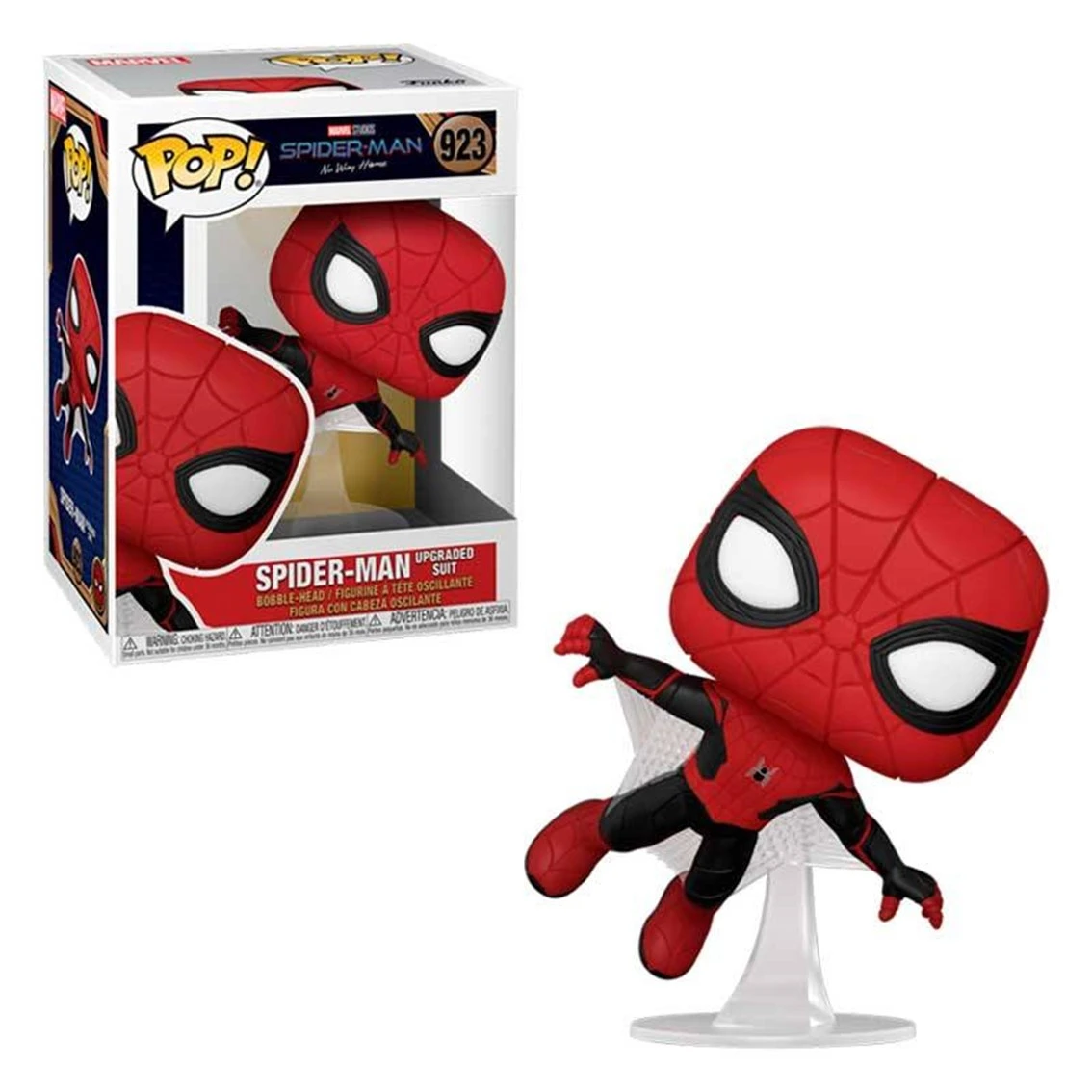 Una figura de Spider-Man en una caja. La figura es roja y negra. La caja muestra la figura y las palabras "Spider-Man".