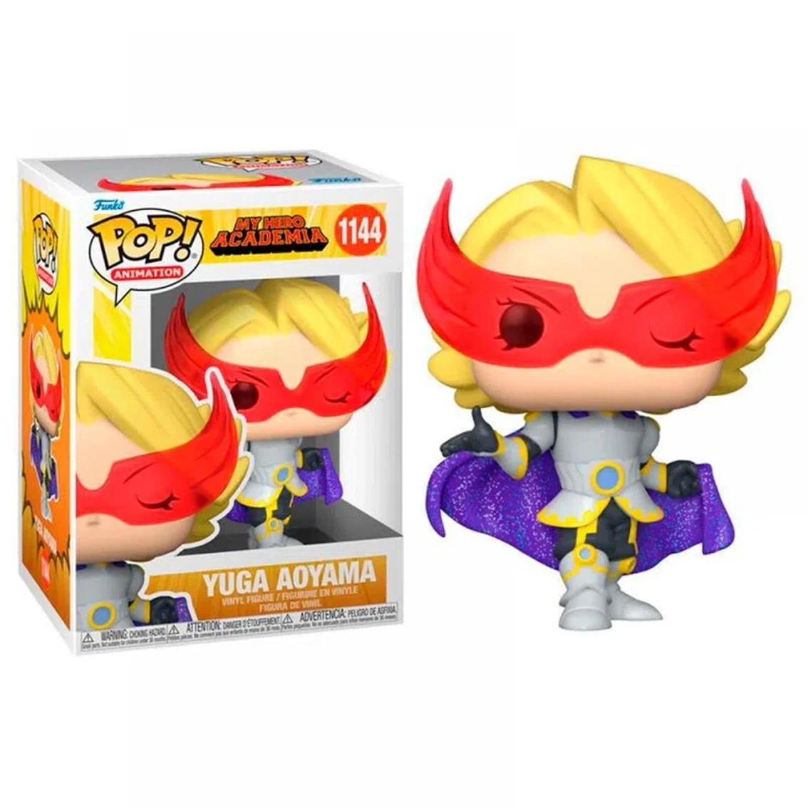 Figura Funko Pop di Yuga Aoyama di My Hero Academia. Ha capelli biondi, maschera rossa e mantello viola. Anche la scatola è visibile.