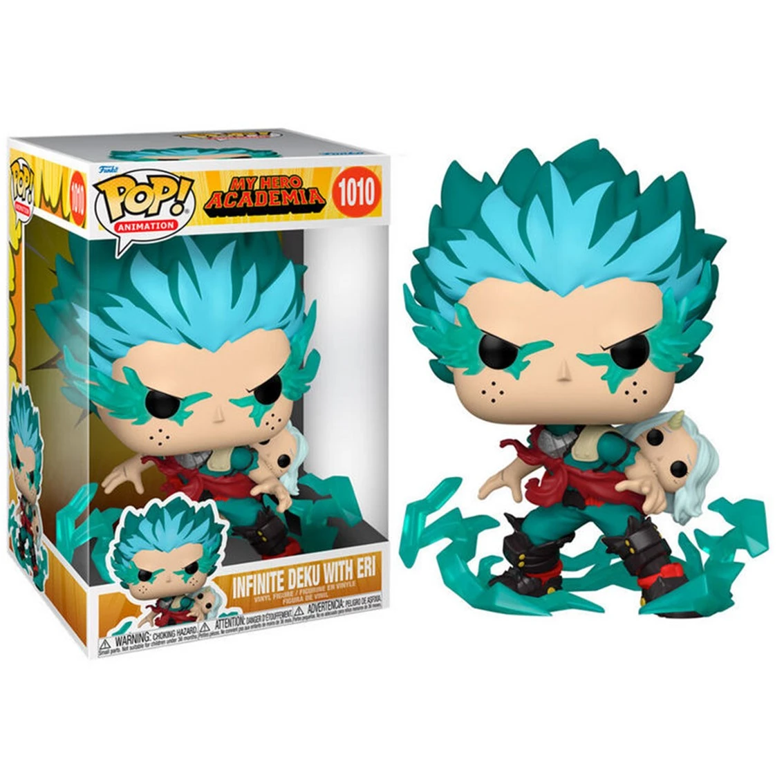 Funko Pop del personaggio di Deku con Eri di My Hero Academia. La statuetta è nella sua scatola originale e fuori.