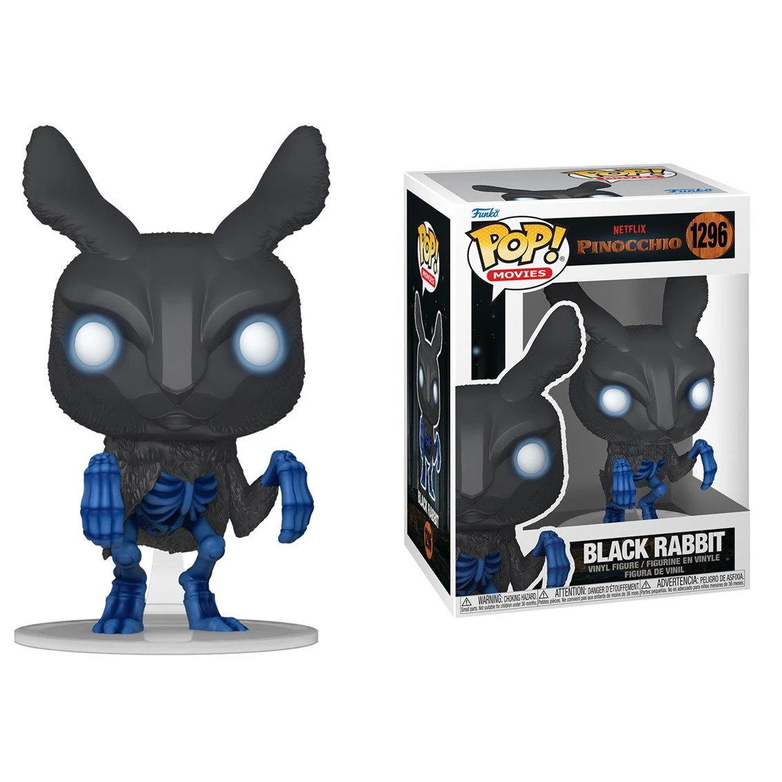 Una figura Funko Pop di coniglio nero. Ha occhi blu luminosi e uno scheletro blu. La scatola è visualizzata accanto.