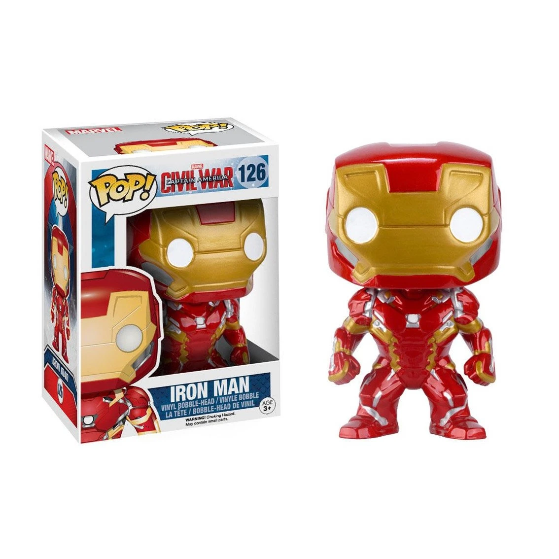Una figura de Iron Man Pop! está junto a su caja. La figura es roja y dorada, con una cabeza y ojos grandes. La caja es blanca.