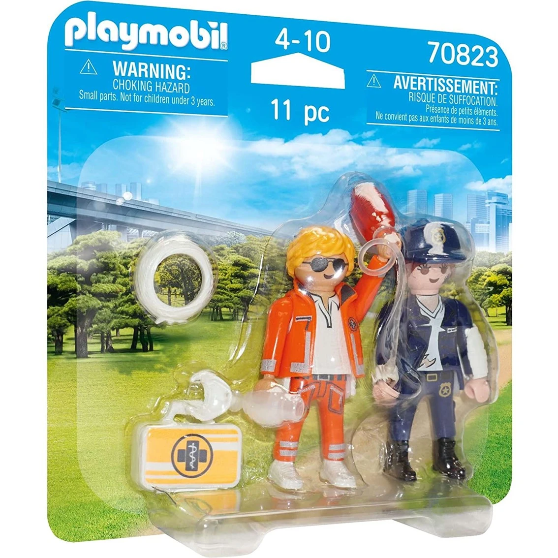 Playmobil set with two figures: a paramedic in orange and a police officer. Includes rescue equipment and a bridge in the background.