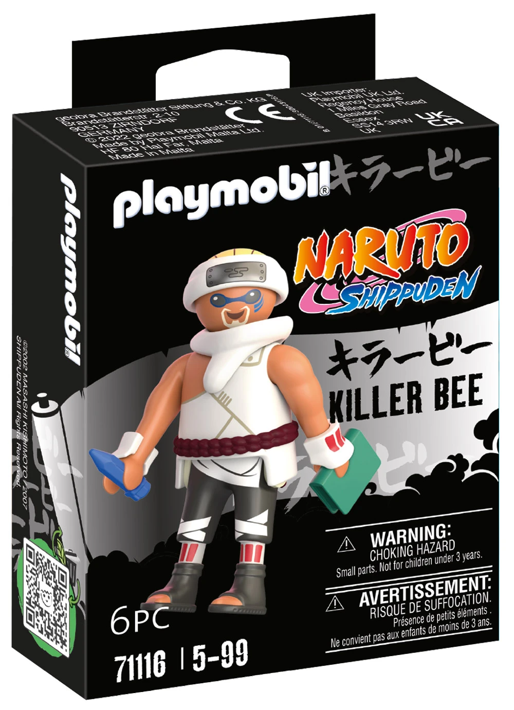 Playmobil-Box mit einer Naruto-Figur, Killer Bee. Die Figur ist in Weiß, Schwarz und Rot gehalten. Die Box hat Text und Warnungen.