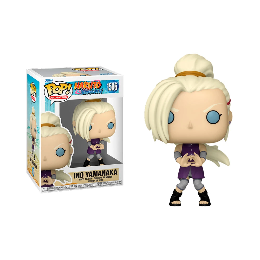 Una figura Funko Pop di Ino Yamanaka da Naruto. Indossa un vestito viola e ha i capelli biondi. Una scatola è a sinistra.