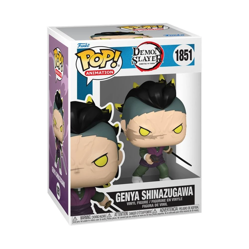 Una scatola Funko Pop con Genya Shinazugawa di Demon Slayer. La figura ha capelli neri e gialli, un completo viola e una spada.