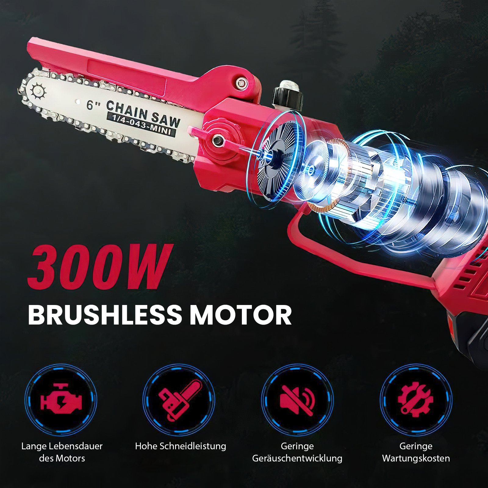 Das Bild zeigt eine rote Kettensäge mit einem bürstenlosen 300W-Motor. Icons für lange Lebensdauer, hohe Schneidleistung.