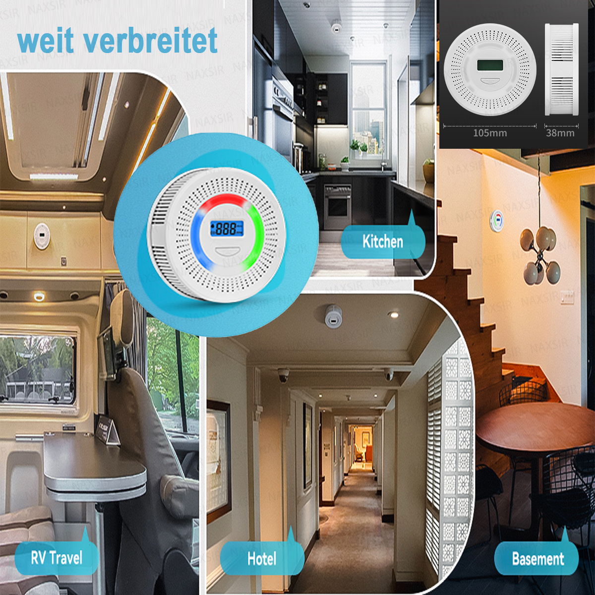 Das Bild zeigt einen Rauchmelder mit verschiedenen Szenen: Wohnmobil, Küche, Hotel und Keller. Der Detektor hat ein digitales Display und LED-Leuchten.
