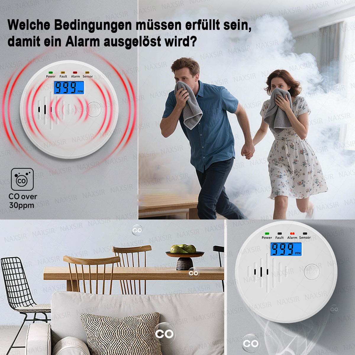 Menschen rennen aus einem Haus mit einem Rauchmelder und CO-Symbolen. Ein Mann und eine Frau bedecken ihre Gesichter.