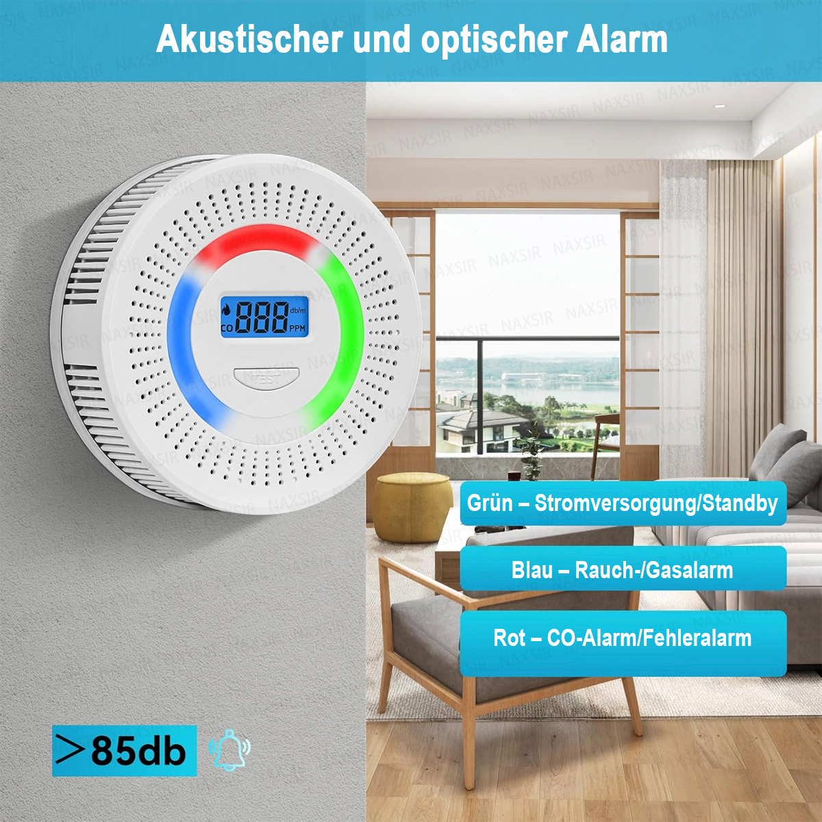 Ein weißer Kohlenmonoxid-Detektor mit farbigen Lichtern. Das Display zeigt Zahlen. Textkennzeichnungen zeigen Strom/Standby, Rauch-/Gasalarm und CO-Alarm.