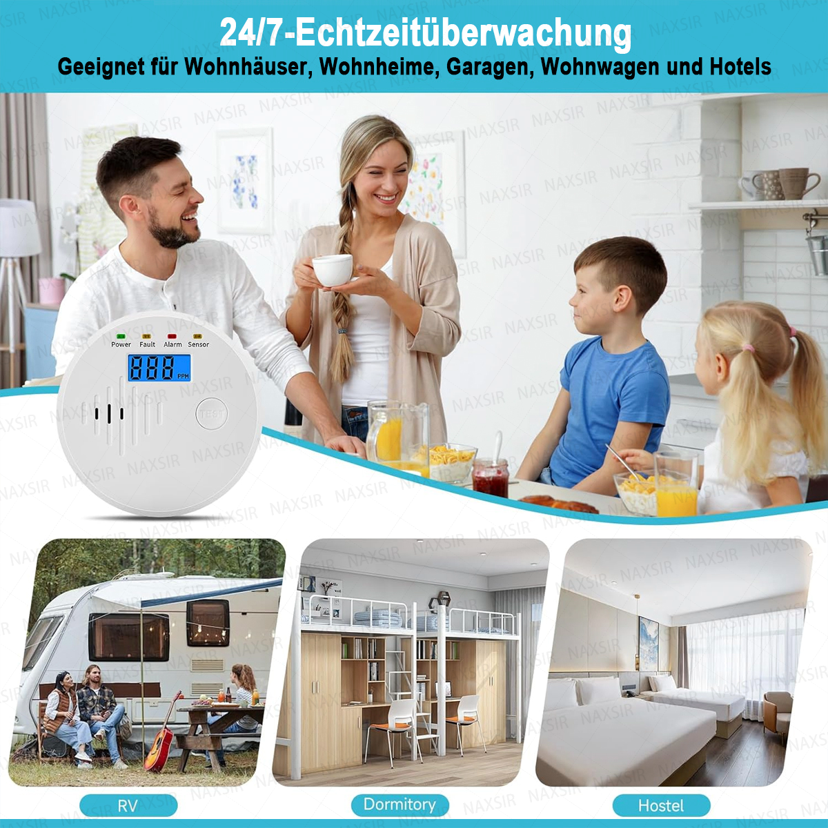 Eine Familie mit Kindern, ein Rauchmelder und drei Bilder von verschiedenen Wohnräumen. Text oben.