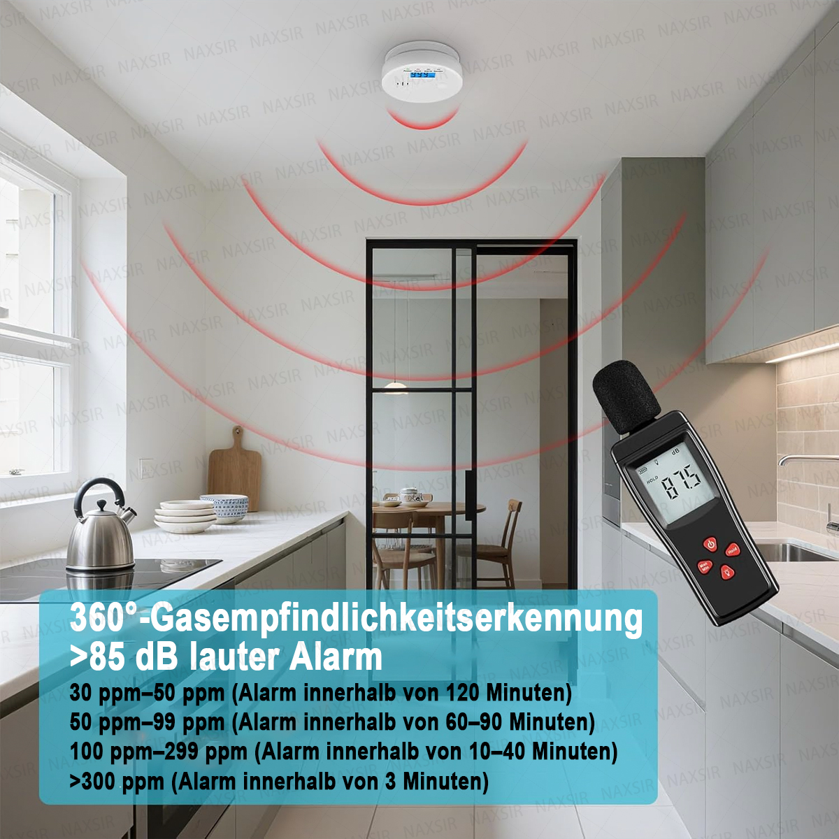 Ein Rauchmelder an der Decke, ein Schallpegelmesser mit 87,5 dB und eine Küche mit Text zur Gaserfassung.