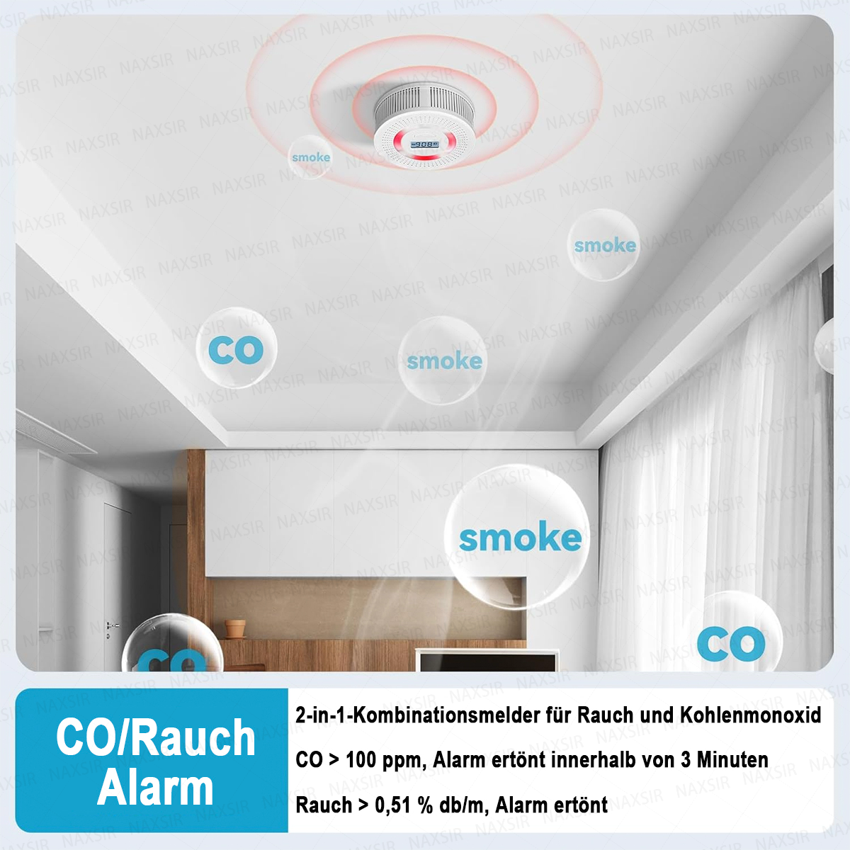 Ein Rauch- und CO-Melder an der Decke. Das Bild enthält 'Rauch'- und 'CO'-Etiketten und eine Warnmeldung.