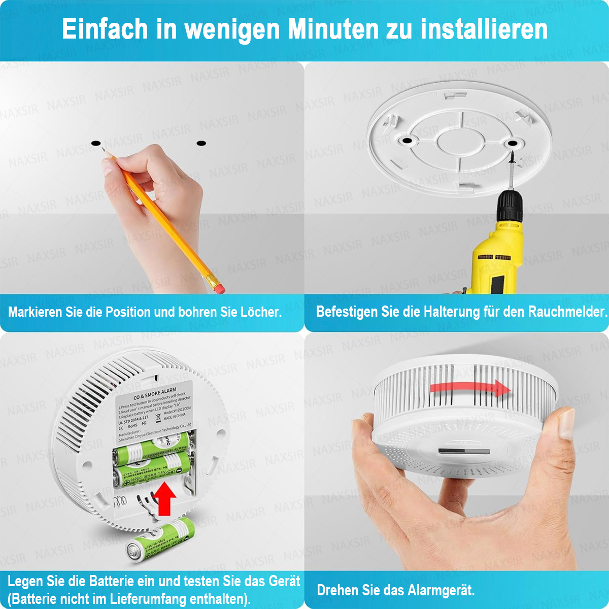 Anweisungen zur Installation eines Rauchmelders. Markieren von Löchern, Montagehalterung, Batterieeinlegen und Drehen.