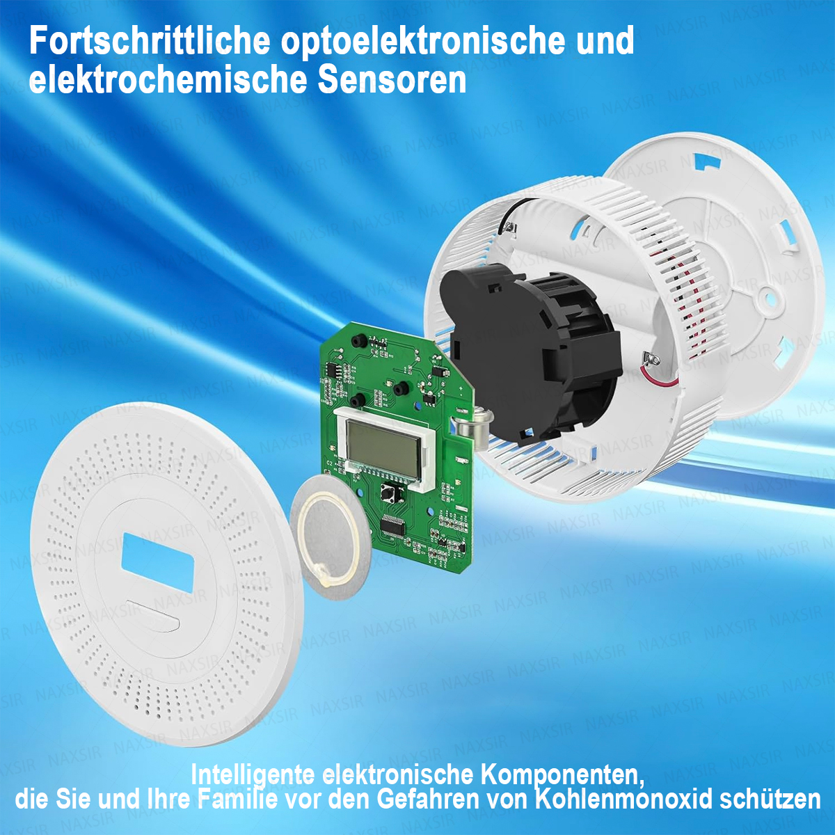 Ein zerlegter weißer Rauchmelder zeigt interne Komponenten und Text auf Deutsch. Der Hintergrund ist blau.