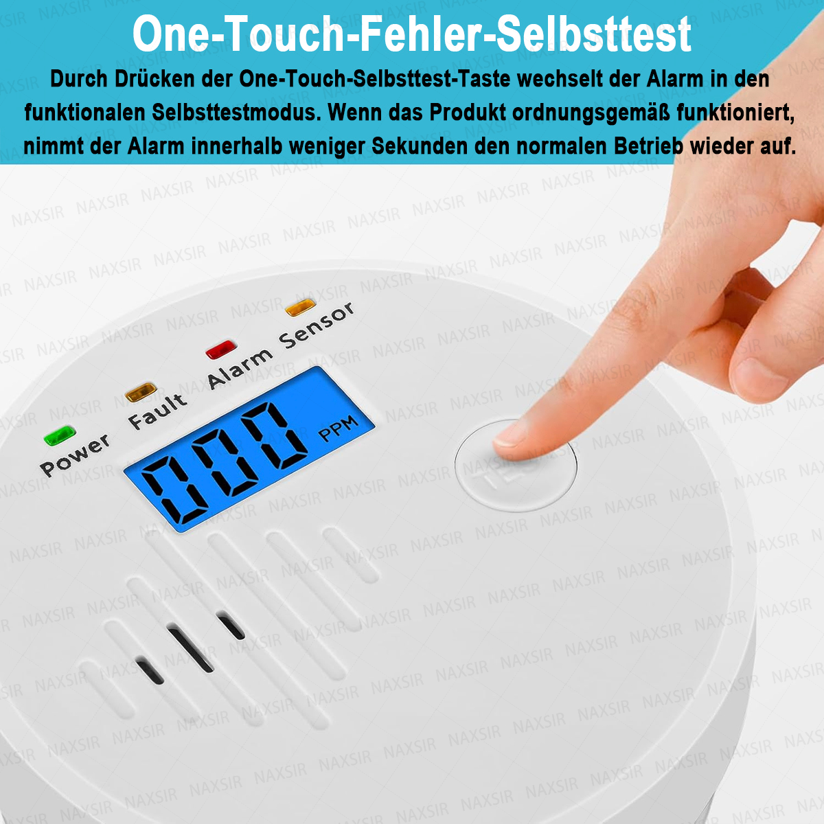 Eine Hand drückt auf einem weißen Gerät eine Taste. Eine Digitalanzeige zeigt '000'. Der Text oben lautet 'One-Touch-Fehler-Selbsttest'.