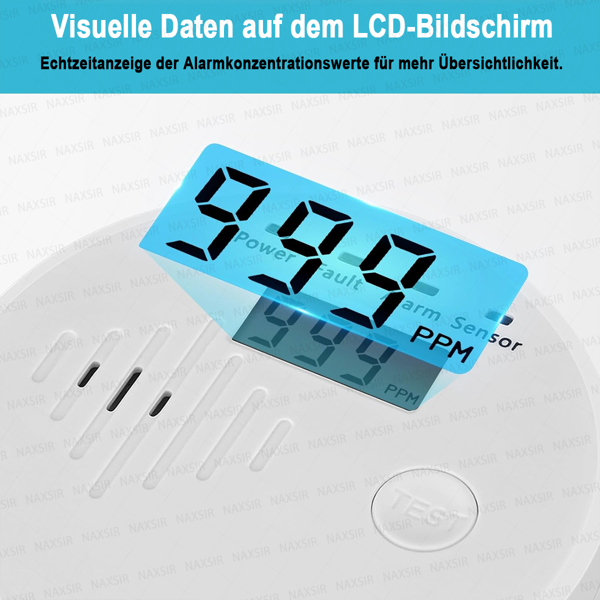 Ein weißes Gerät mit blauem Display zeigt die Zahl 999, Stromausfall und PPM. Text sagt: 'Arm Sensor'.