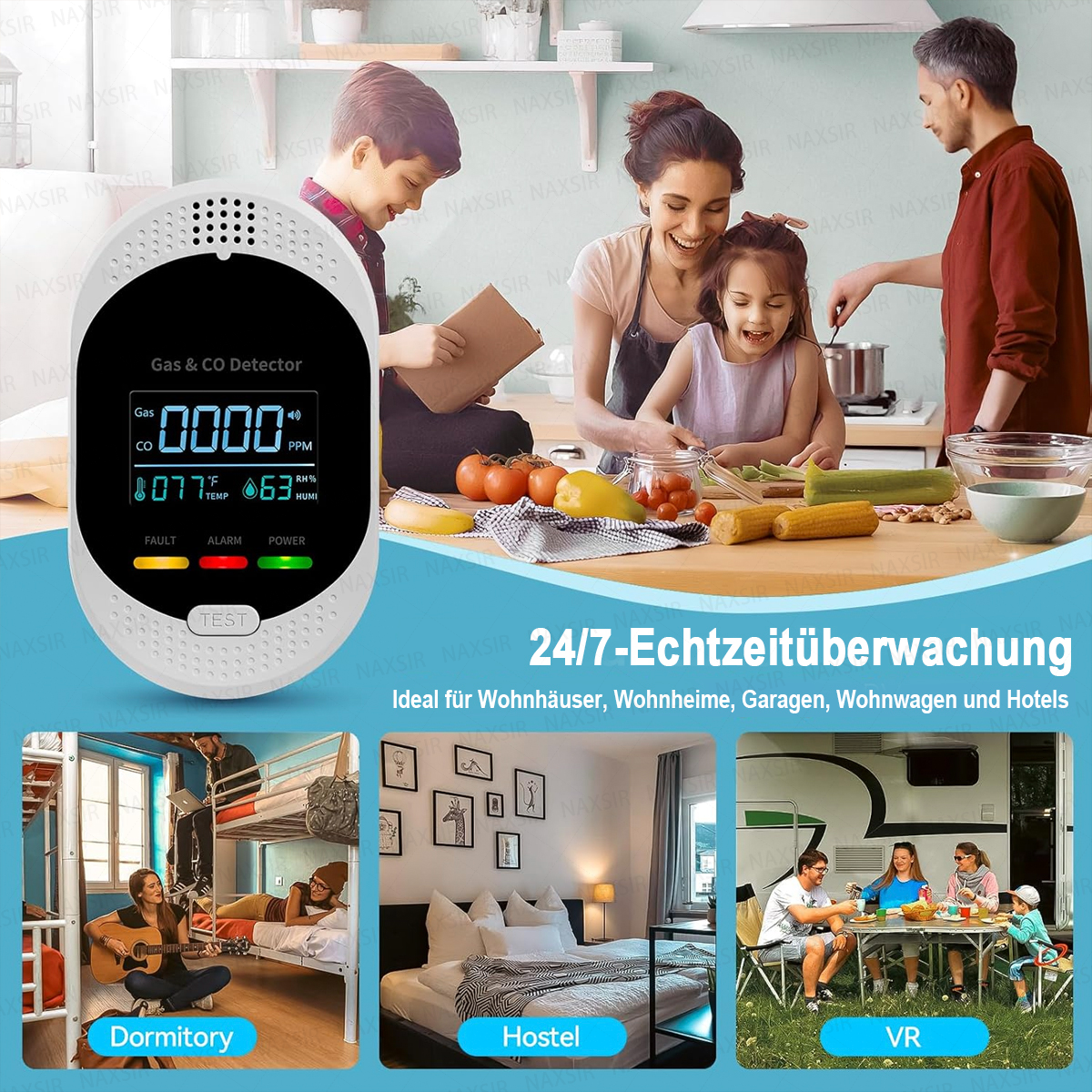 Ein Gasdetektor zeigt 0000 PPM an. Eine Familie kocht mit Gemüse. Unten befinden sich drei kleinere Bilder.