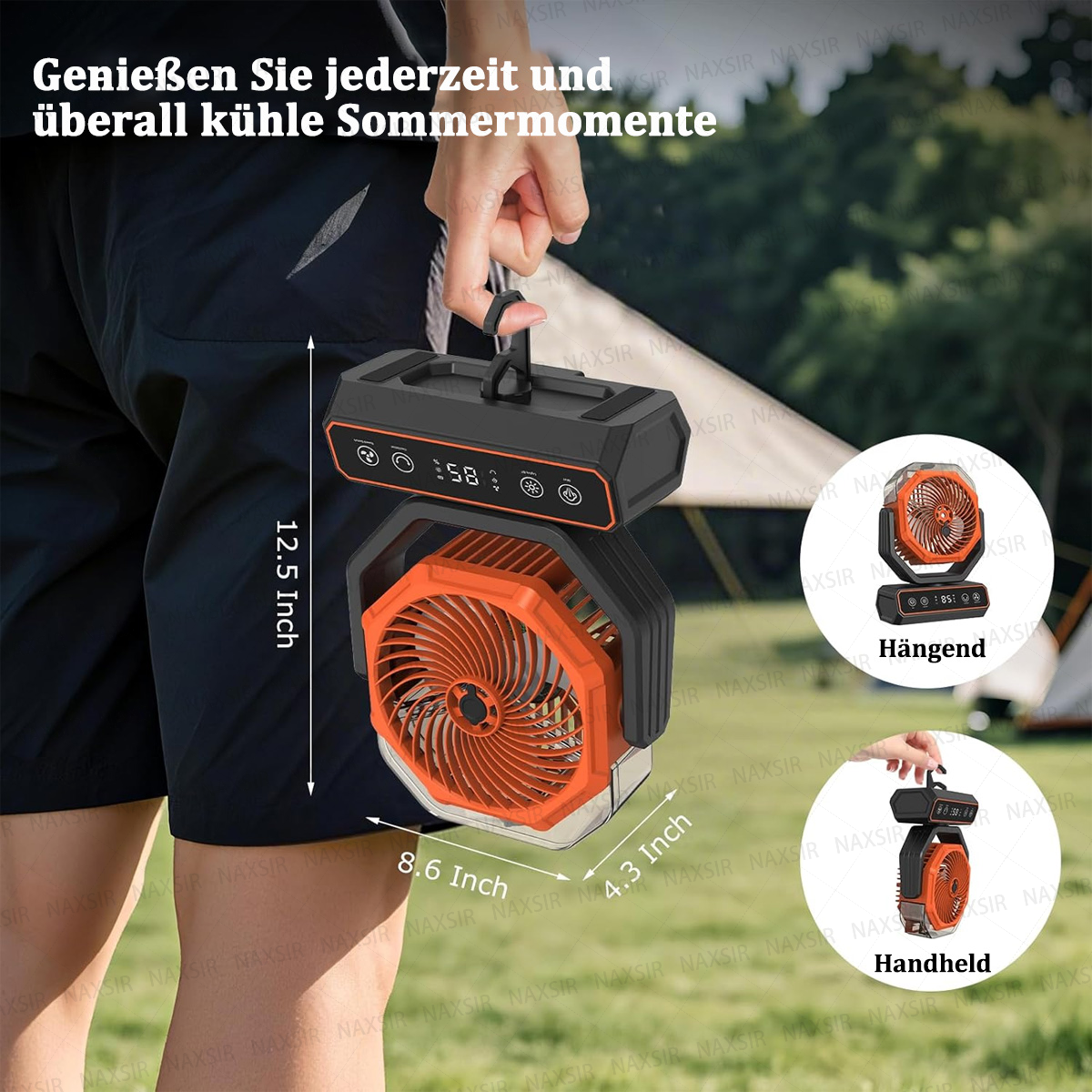 Eine Person hält einen tragbaren orange-schwarzen Ventilator. Abmessungen sind angegeben. Text: 'Genießen Sie kühle Sommermomente überall'.