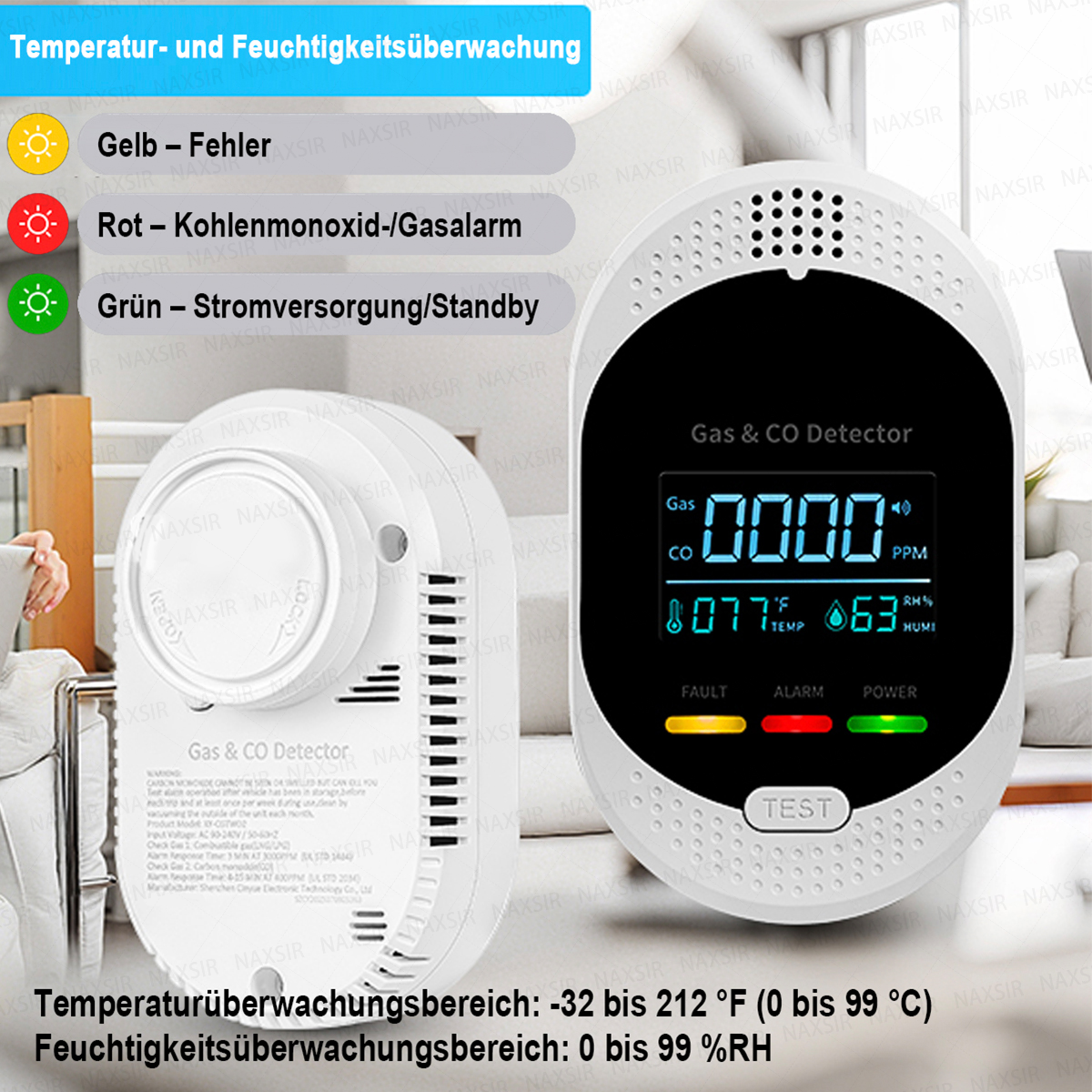 Ein weißer Gasdetektor zeigt Messwerte auf einem schwarzen Bildschirm mit Tasten und Lichtern. Temperatur und Feuchtigkeit werden angezeigt.