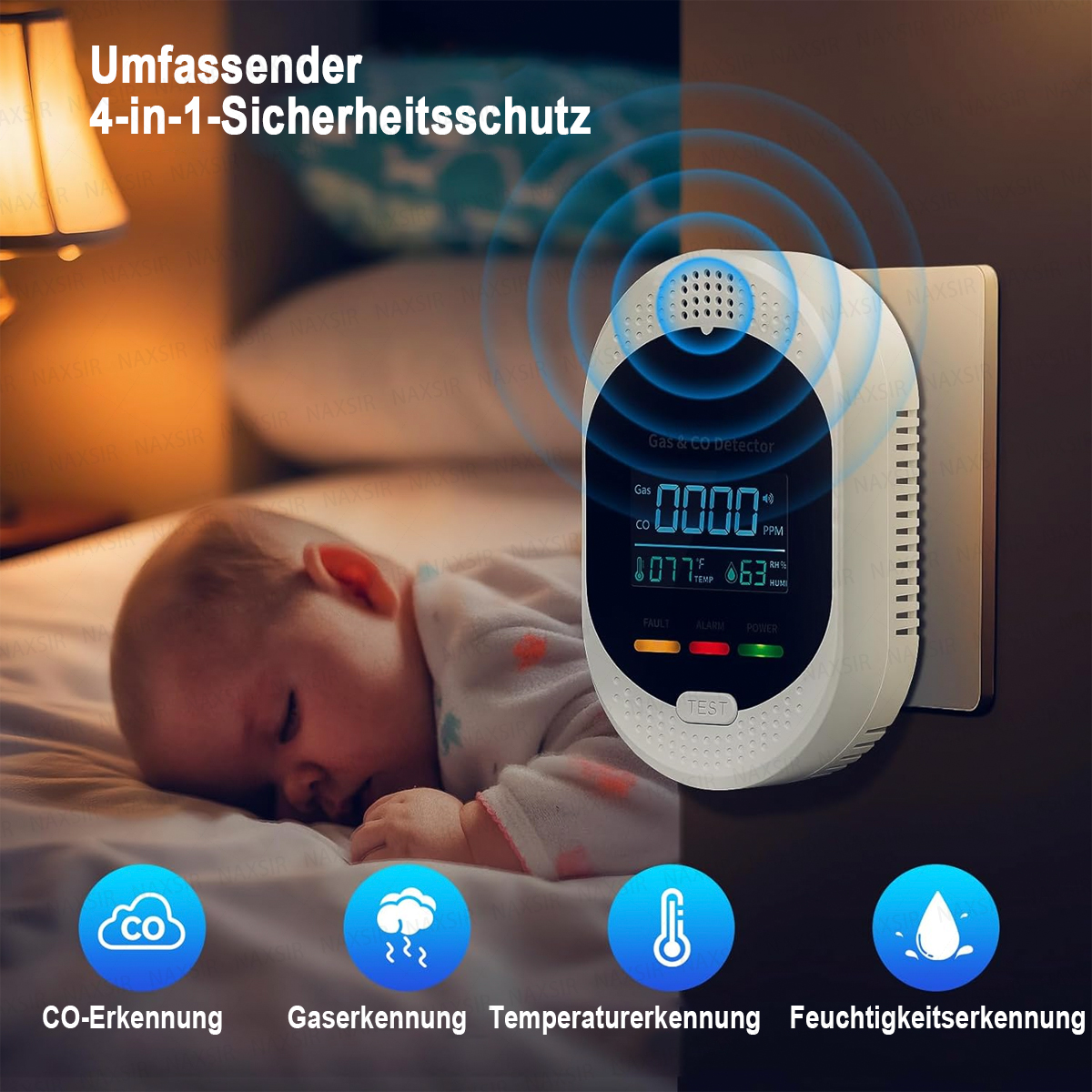 Ein Baby schläft neben einem Gasdetektor. Symbole zeigen Gas, Temperatur und Feuchtigkeitserkennung. Text: 4-in-1-Sicherheit.