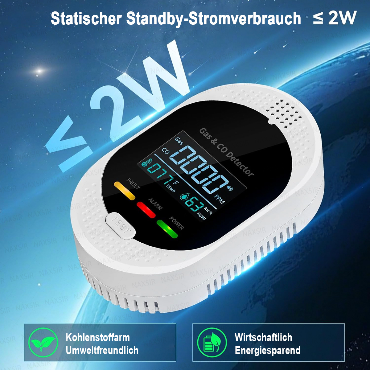 Ein weißer Gas- und CO-Detektor zeigt Messwerte an. Text zeigt 'Statischer Standby-Stromverbrauch ≤ 2W'. Unten befinden sich umweltfreundliche Etiketten.