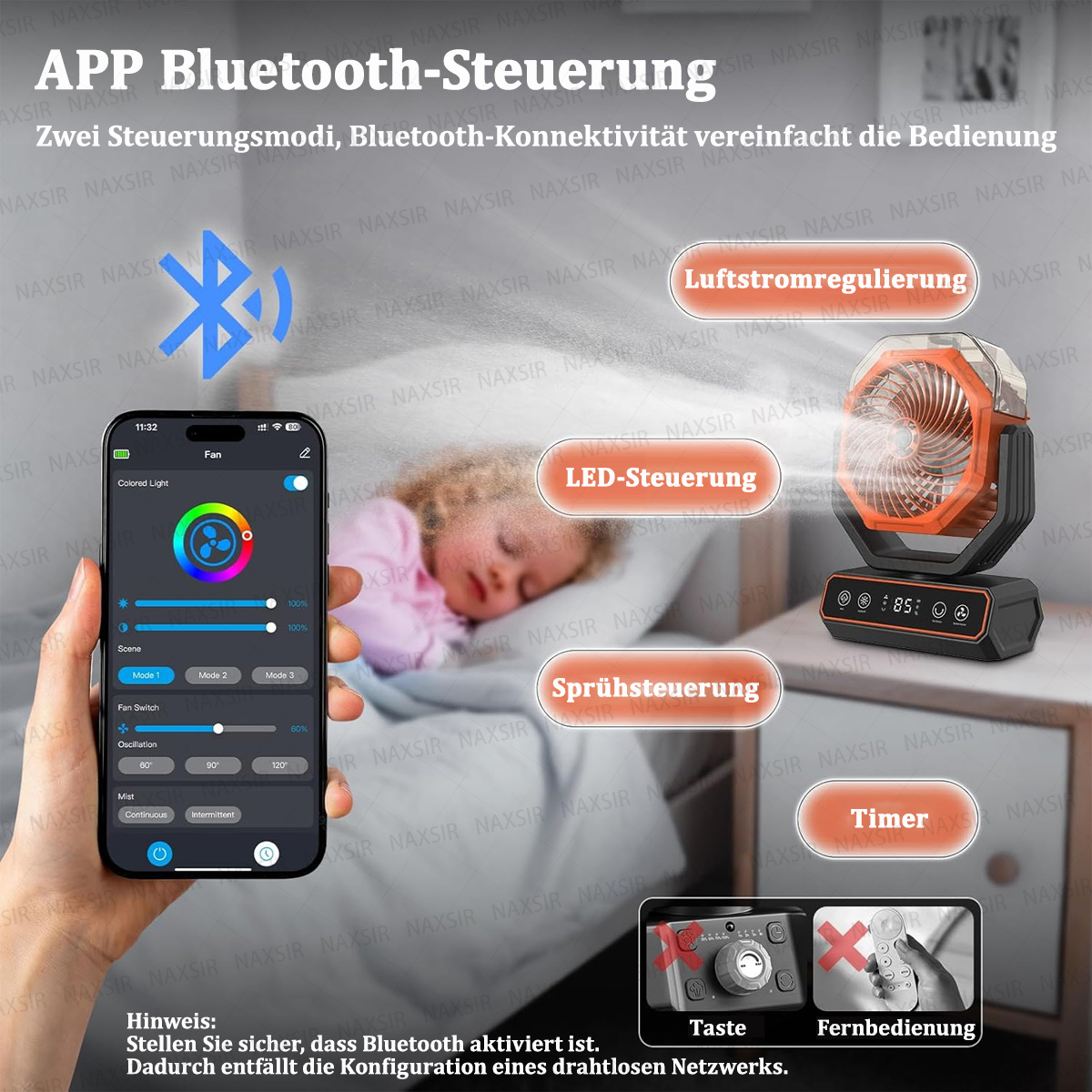 Ein orangefarbener Ventilator mit einem Telefon, das Steuerungsmöglichkeiten zeigt. Ein Kind schläft in der Nähe. Bluetooth-Steuerung wird hervorgehoben.