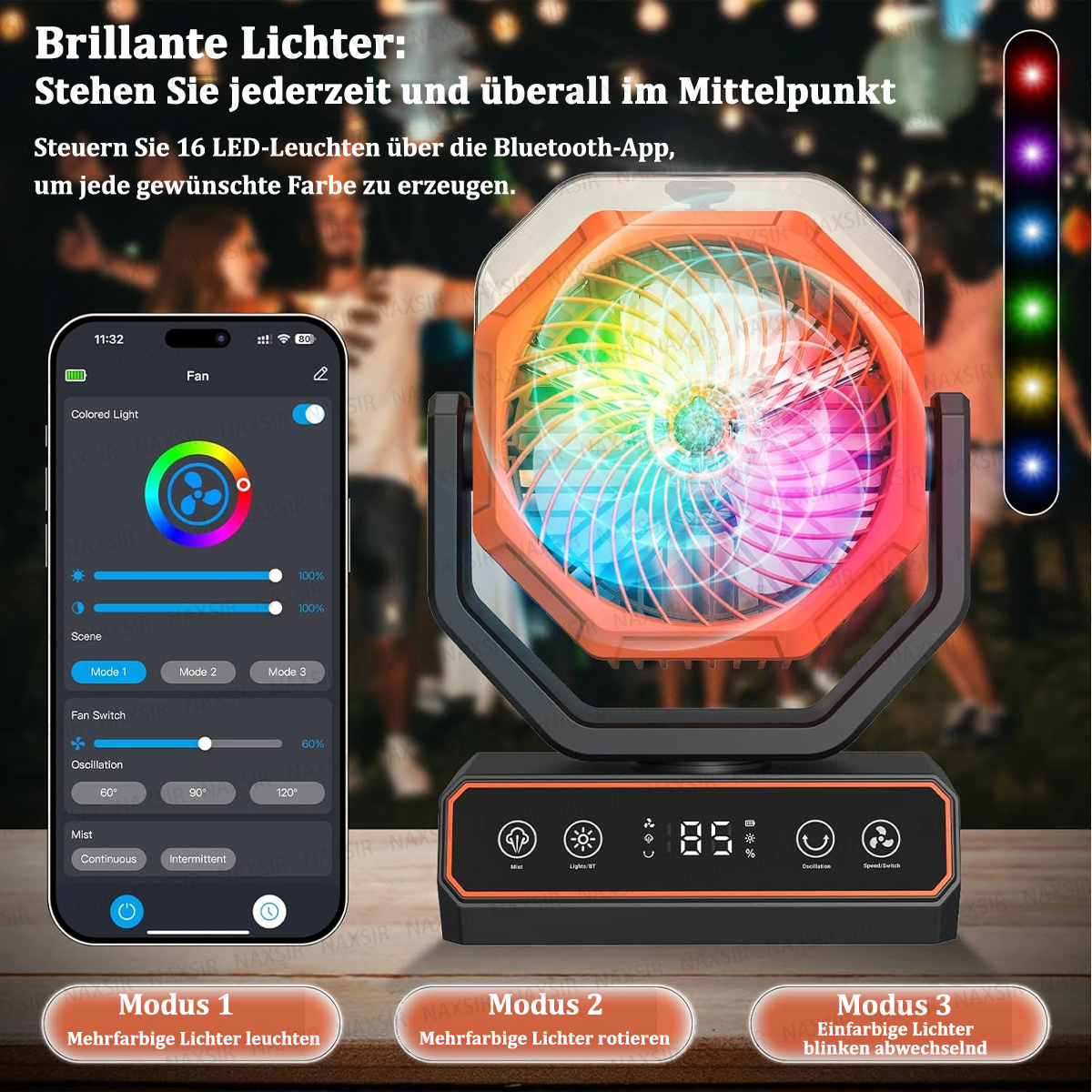 Ein Ventilator mit bunten Lichtern, gesteuert über eine Telefon-App. Der Ventilator ist schwarz und orange. Die App ermöglicht die Farbauswahl.