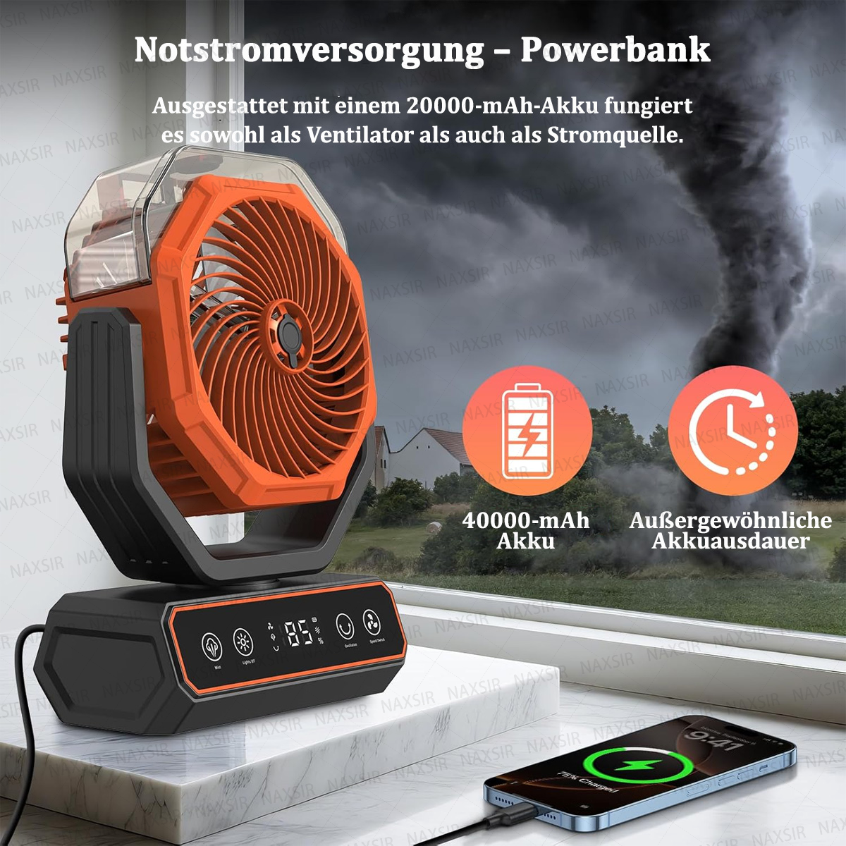 Ein orangefarbener und schwarzer Ventilator mit einem ladenden Telefon und einem stürmischen Hintergrund. Es ist eine Powerbank mit 40000-mAh-Akku.
