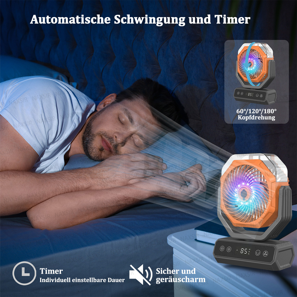 Ein Mann schläft im Bett, während ein Ventilator Luft bläst. Der Ventilator hat einen orangefarbenen Rahmen und mehrere Funktionen. Text auf Deutsch.