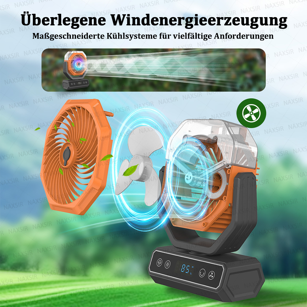 Ein orangefarbener Ventilator mit digitaler Anzeige. Der Ventilator hat ein weißes Blatt. Grüne Blätter sind in der Nähe des Ventilators. Im Hintergrund ist Gras.