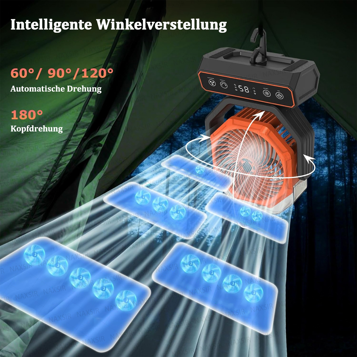Ein orange-schwarzer Ventilator mit blauen Lichteffekten, der in einem Zelt hängt. Text zeigt einstellbare Winkel und automatische Drehung.