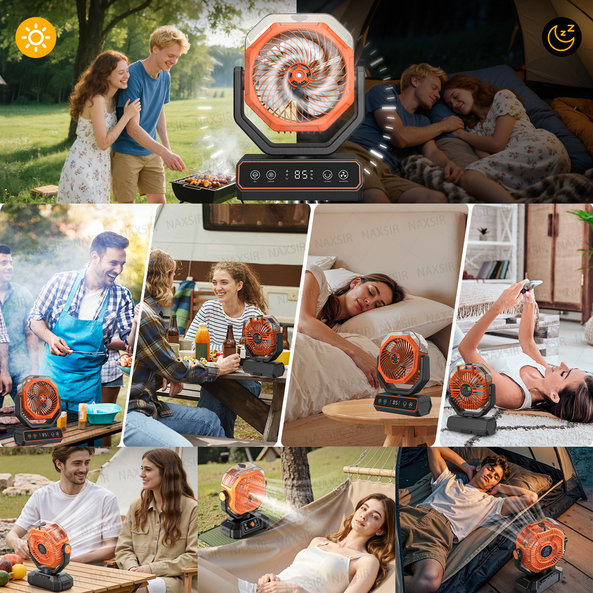 Verschiedene Szenen mit einem orangefarbenen Ventilator: Grillen, Camping, Schlafen und Entspannen. Menschen benutzen und genießen den Ventilator.