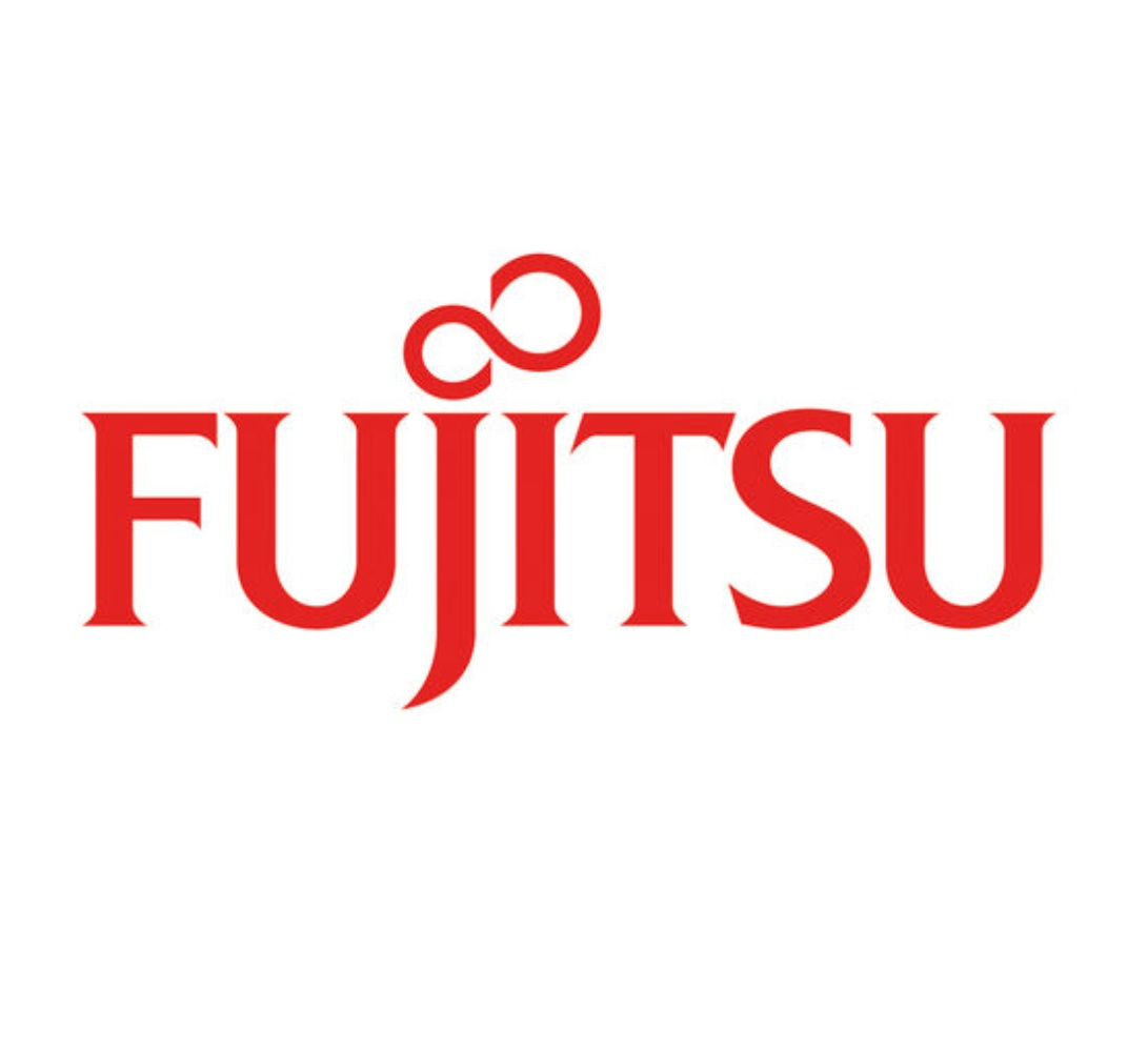 Il logo Fujitsu su sfondo bianco. La parola 'FUJITSU' è rossa, con un simbolo di infinito stilizzato sopra la 'J'.