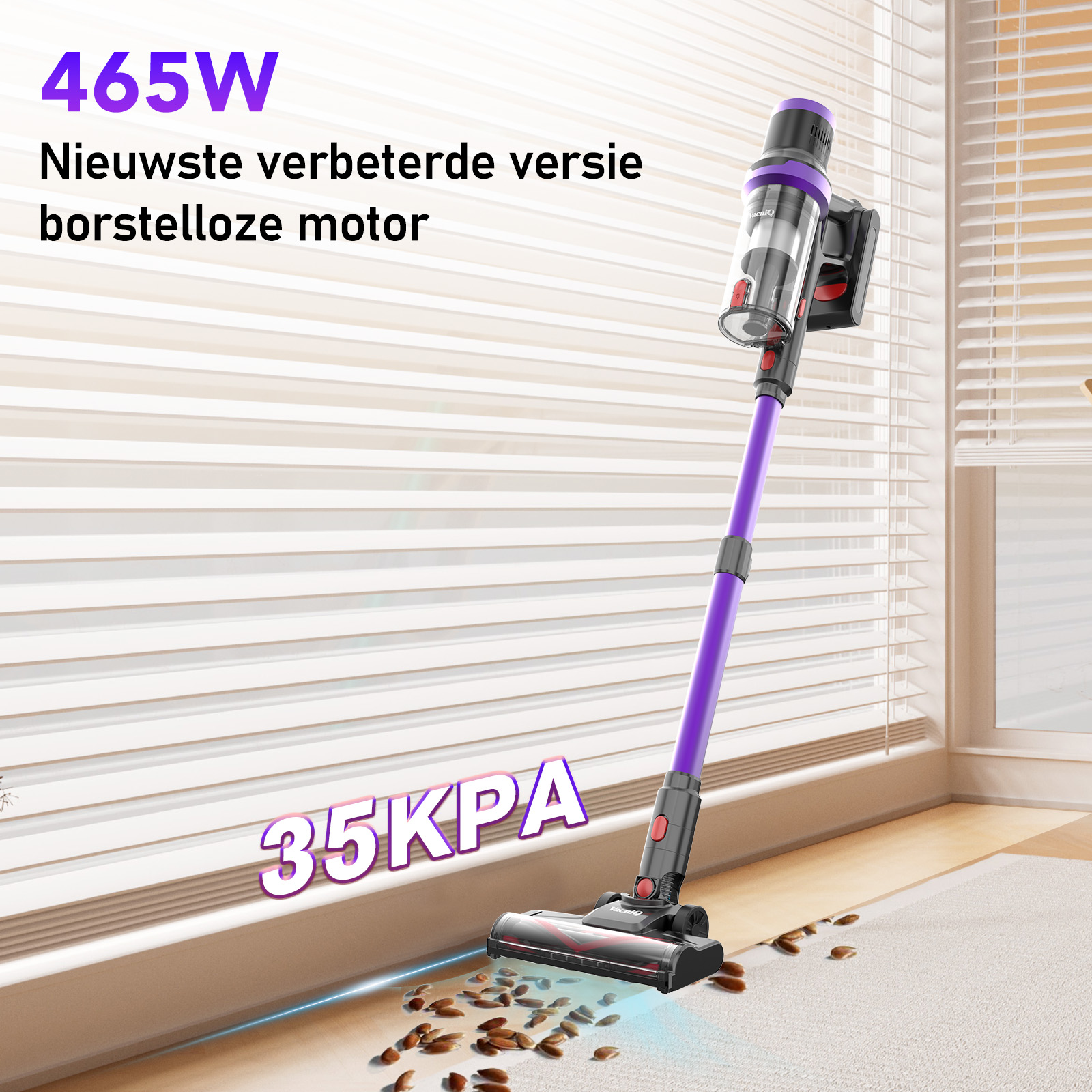 A purple and black cordless vacuum cleaner on a wood floor. The background shows a window with blinds.