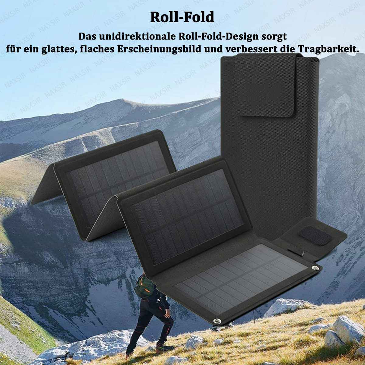 Ein offenes schwarzes Solarpanel. Eine Person wandert einen Berg hinauf. Der Hintergrund zeigt Berge und den Himmel.