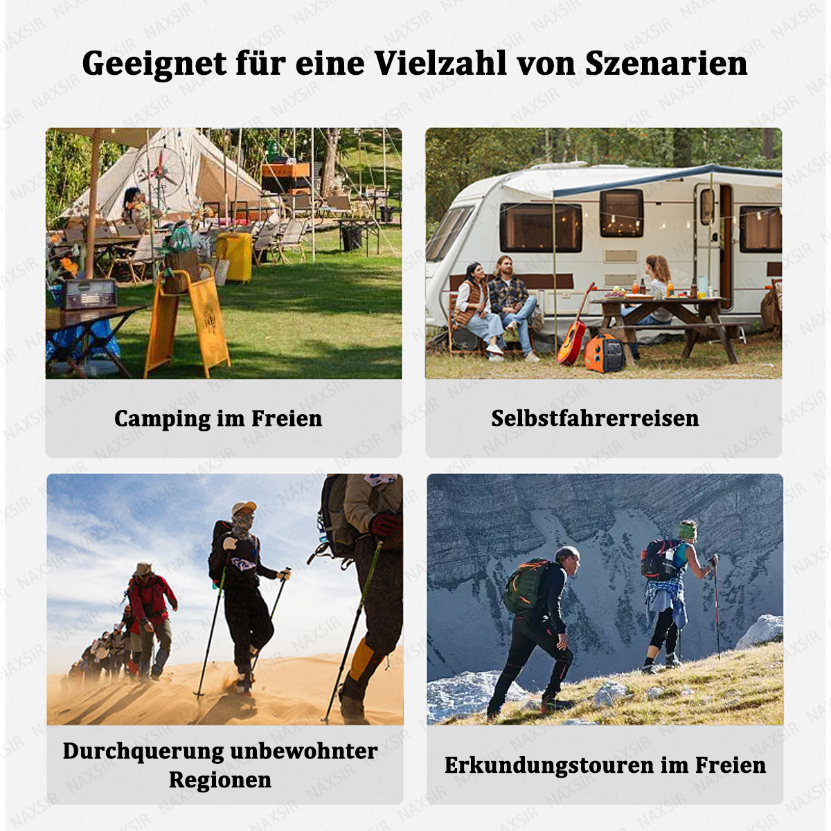 Zusammengesetztes Bild von Camping-, Wohnmobil-, Wander- und Wüstentrekking-Szenen, alles Outdoor-Aktivitäten.