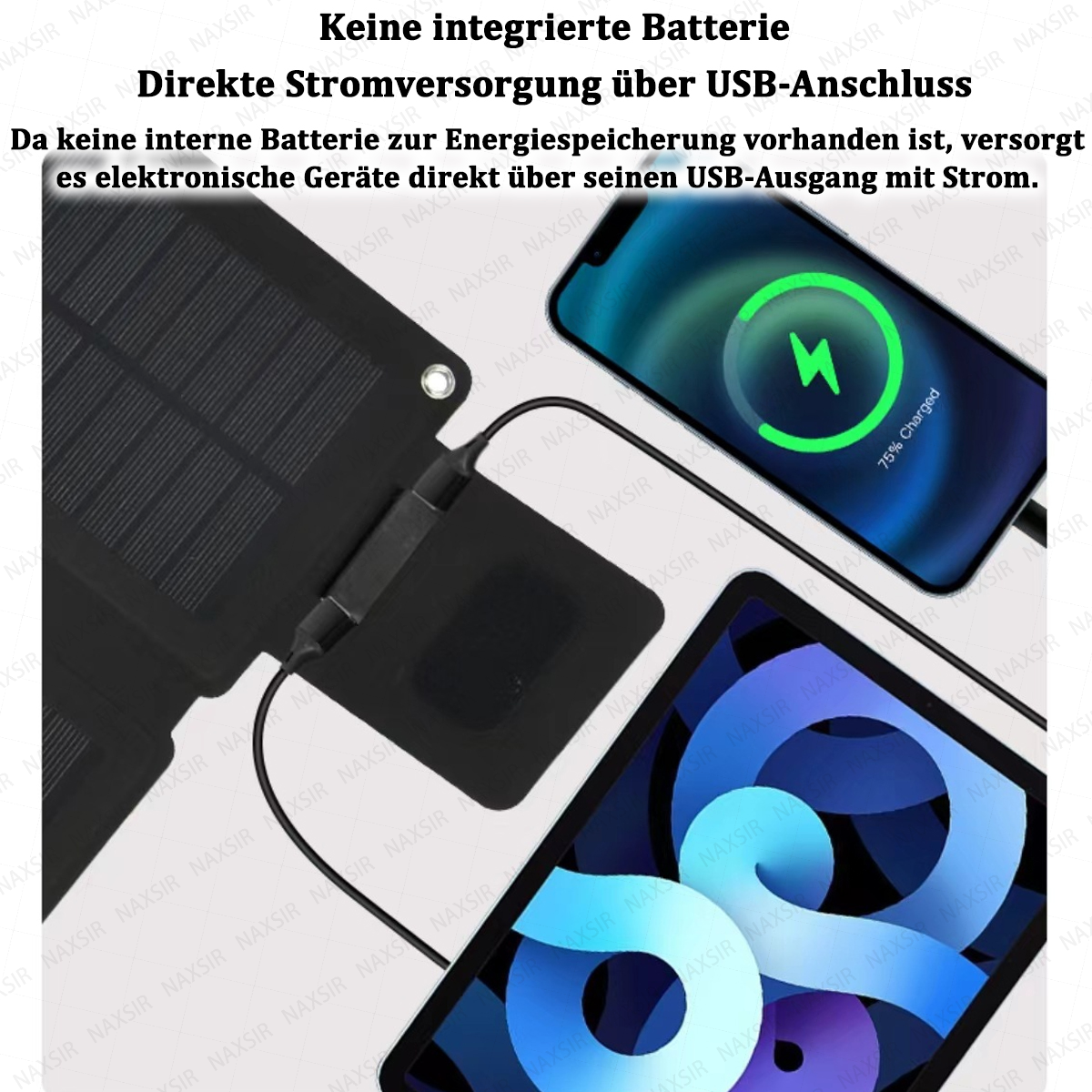 Ein Solarpanel ist mit einem Telefon und einem Tablet verbunden, die beide das Aufladen anzeigen. Text oben. Kein Akku.