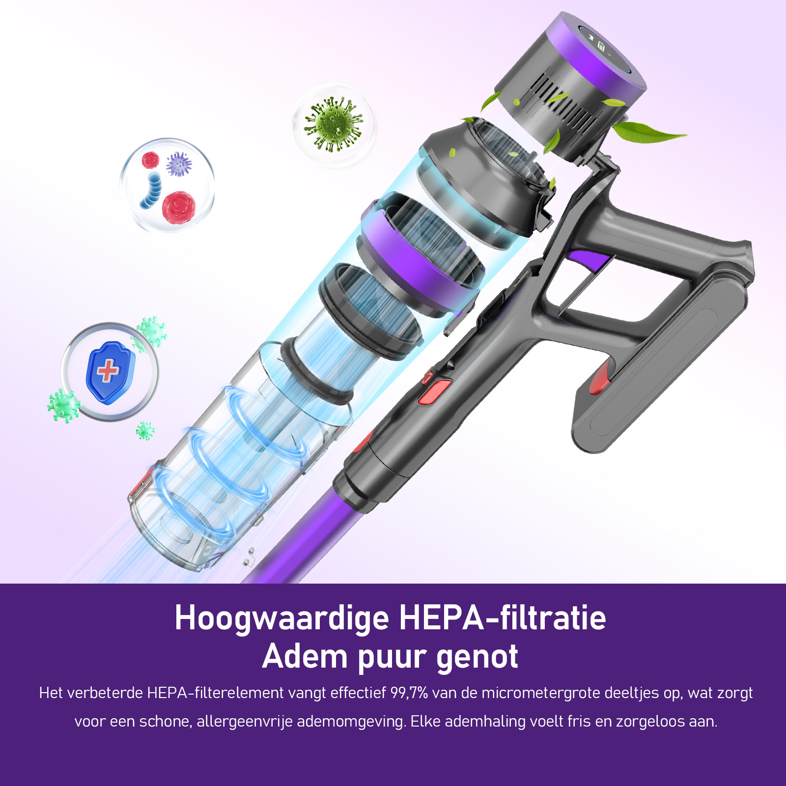 An exploded view of a gray and purple vacuum cleaner with internal filters, surrounded by virus illustrations.
