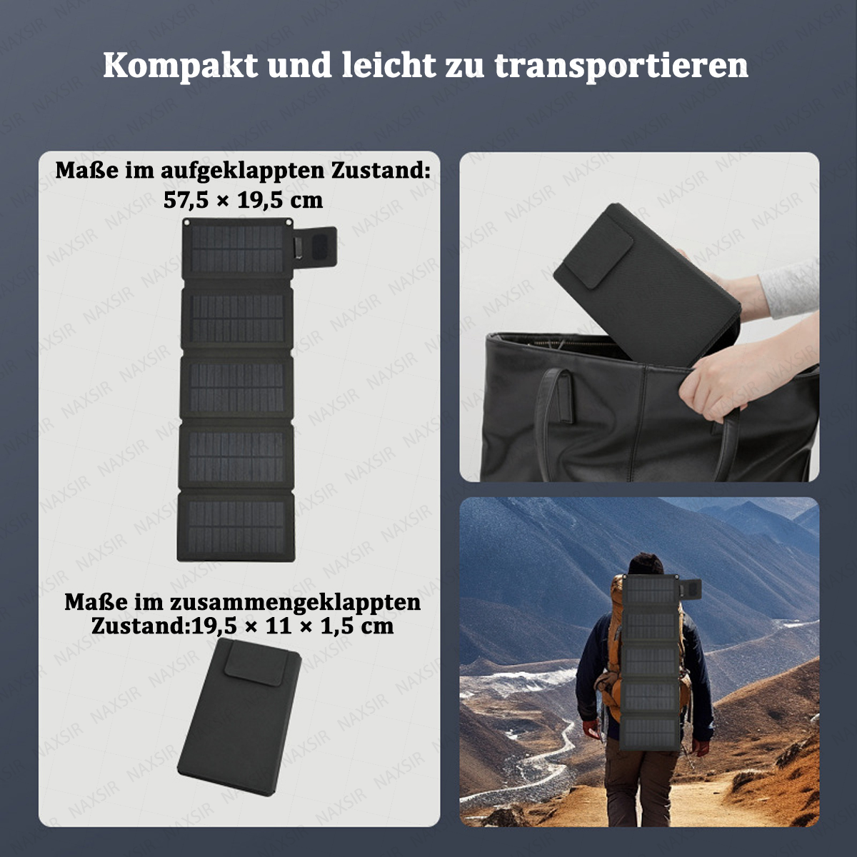 Bild zeigt ein faltbares Solarpanel, eine Person, die es in eine Tasche legt, und eine Person, die es auf dem Rücken trägt. Text-Overlays zeigen Abmessungen.