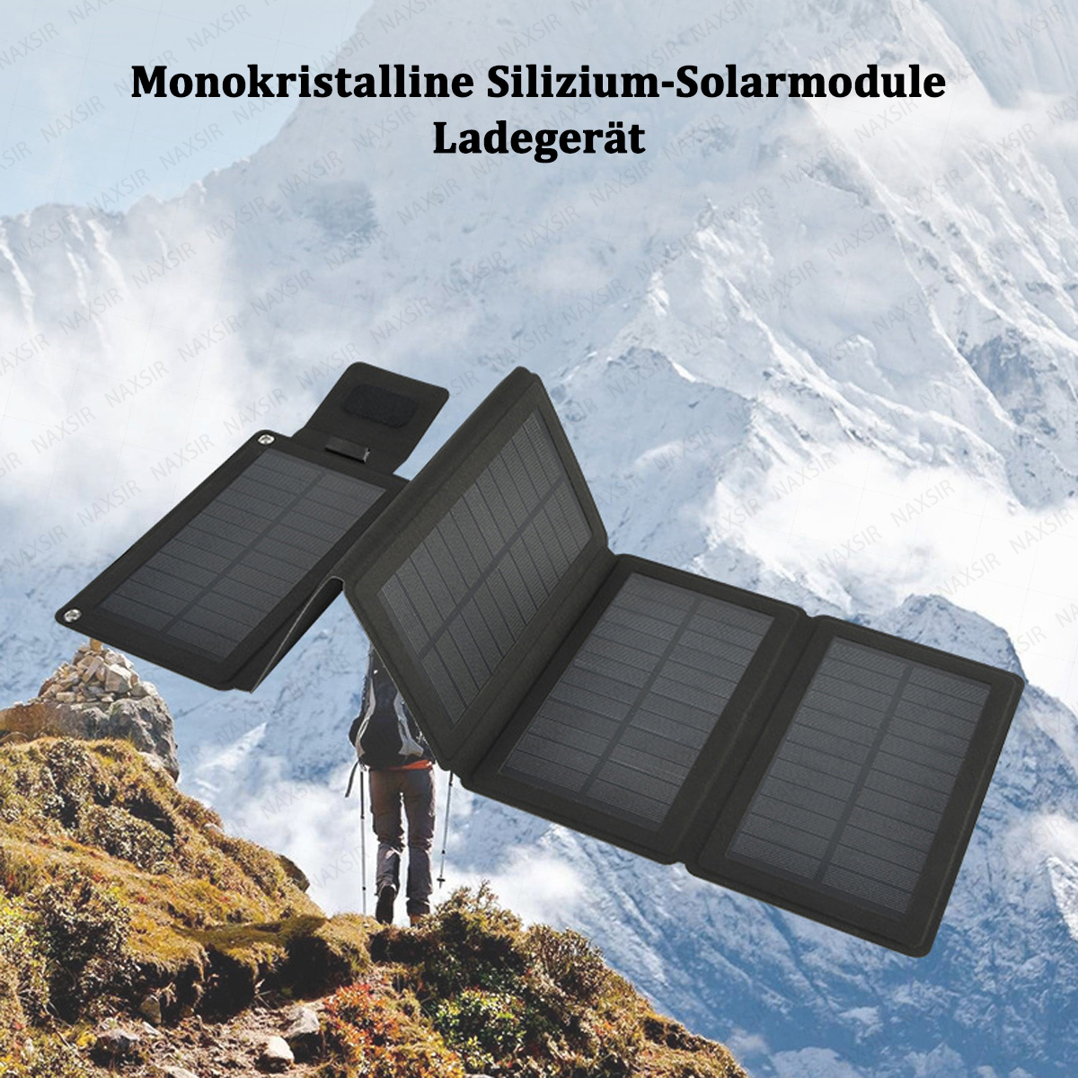 Ein faltbares Solarpanel wird angezeigt. Eine Person wandert auf einem Berg. Text: Monokristalline Silizium-Solarmodule Ladegerät.