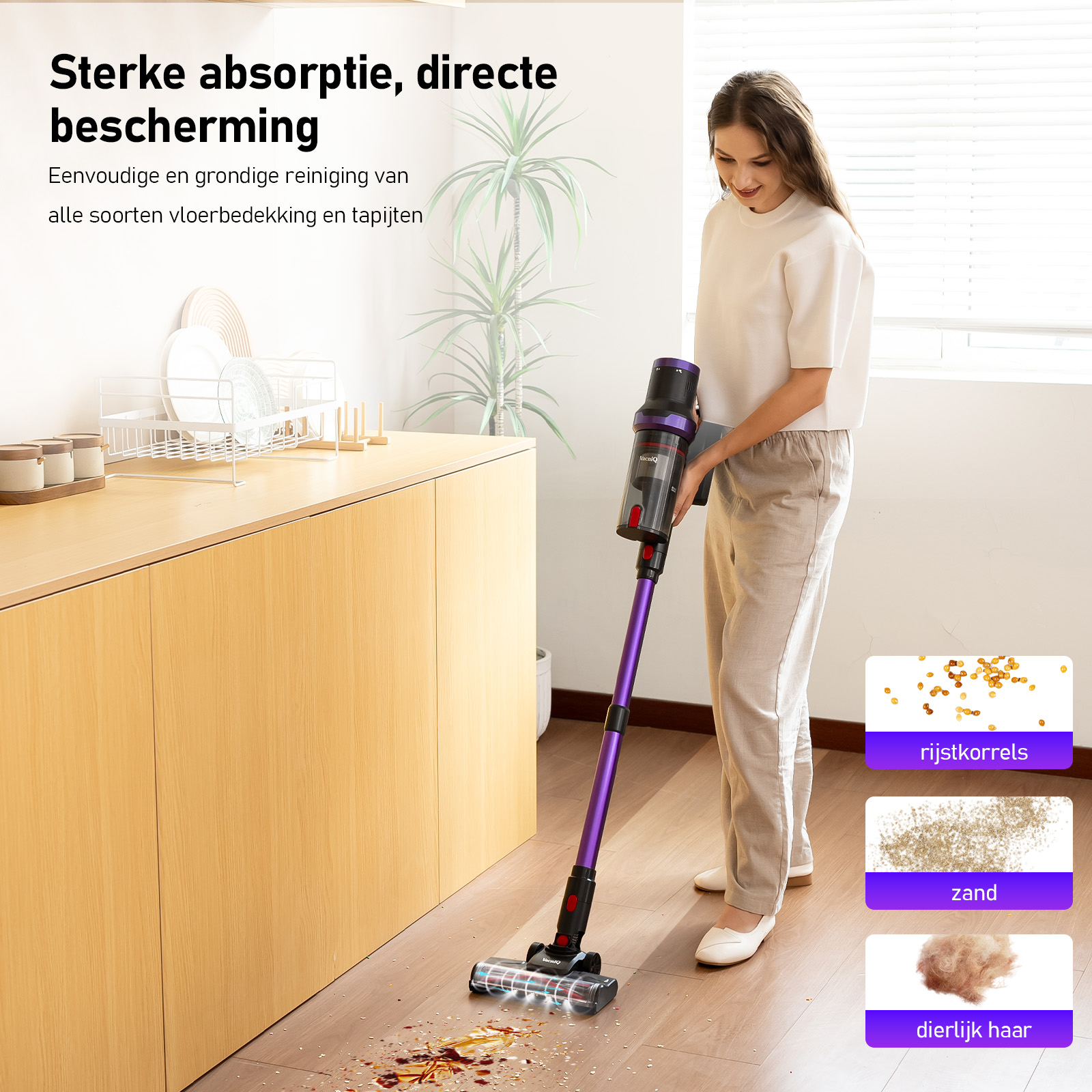 Woman vacuuming a wooden floor with a purple vacuum cleaner. There are some spills on the floor, and three samples of dirt.
