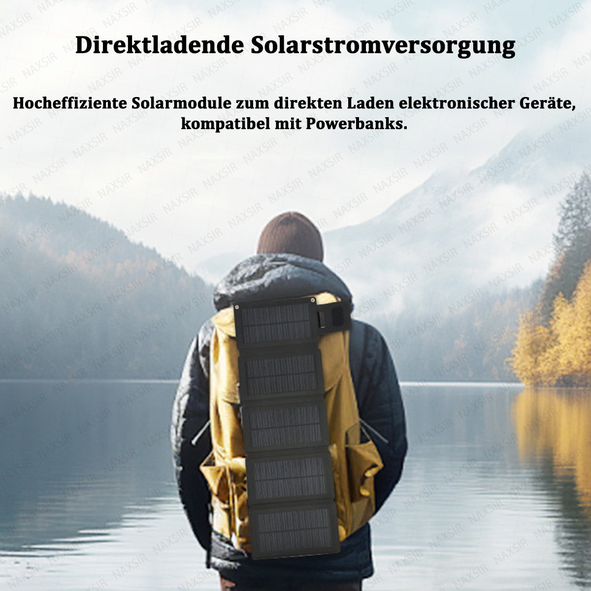 Eine Person mit gelbem Rucksack steht an einem See und trägt ein Solarpanel. Text auf Deutsch steht oben.