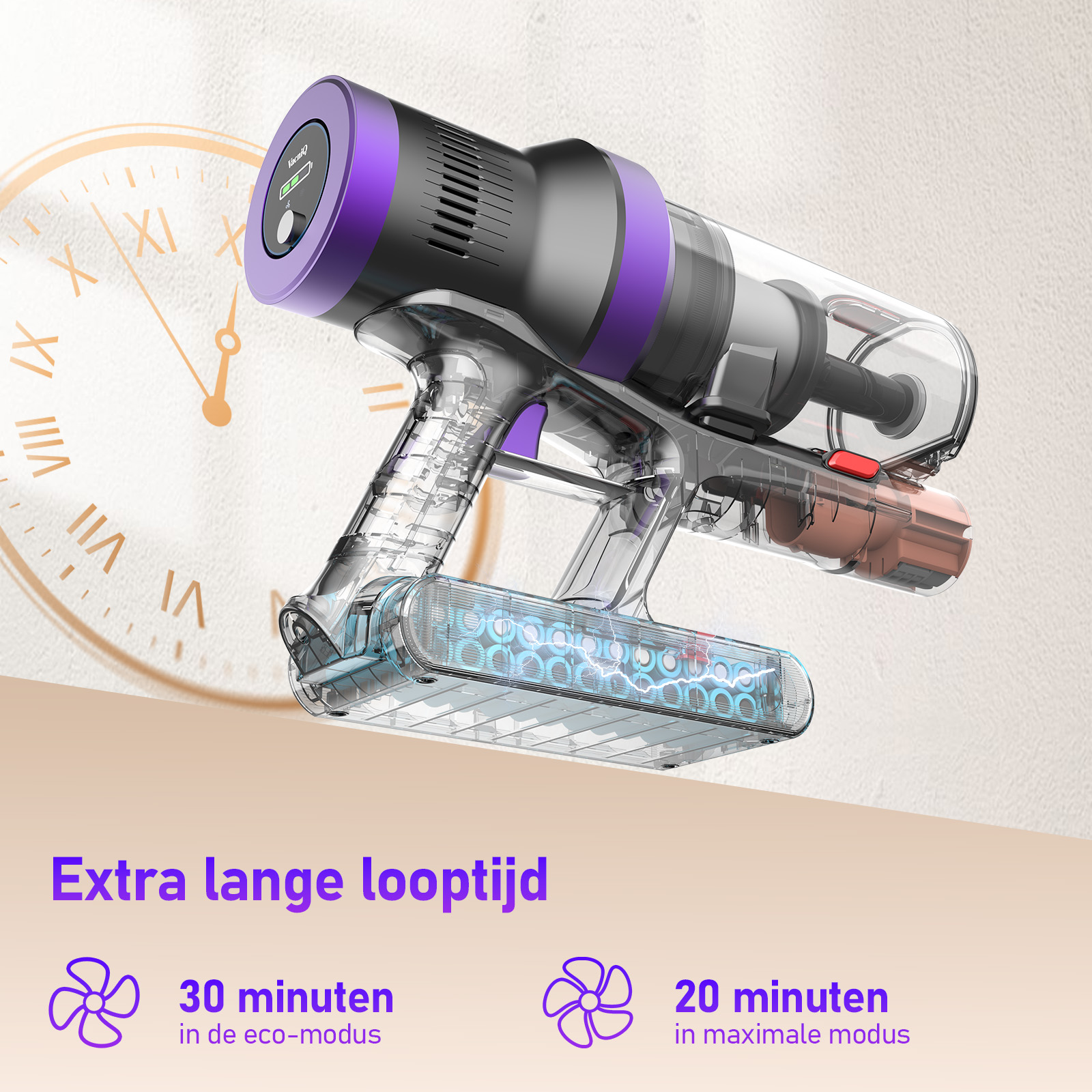 A cordless vacuum cleaner with purple accents. A clock is in the background. Text indicates 30 and 20 minutes of use.