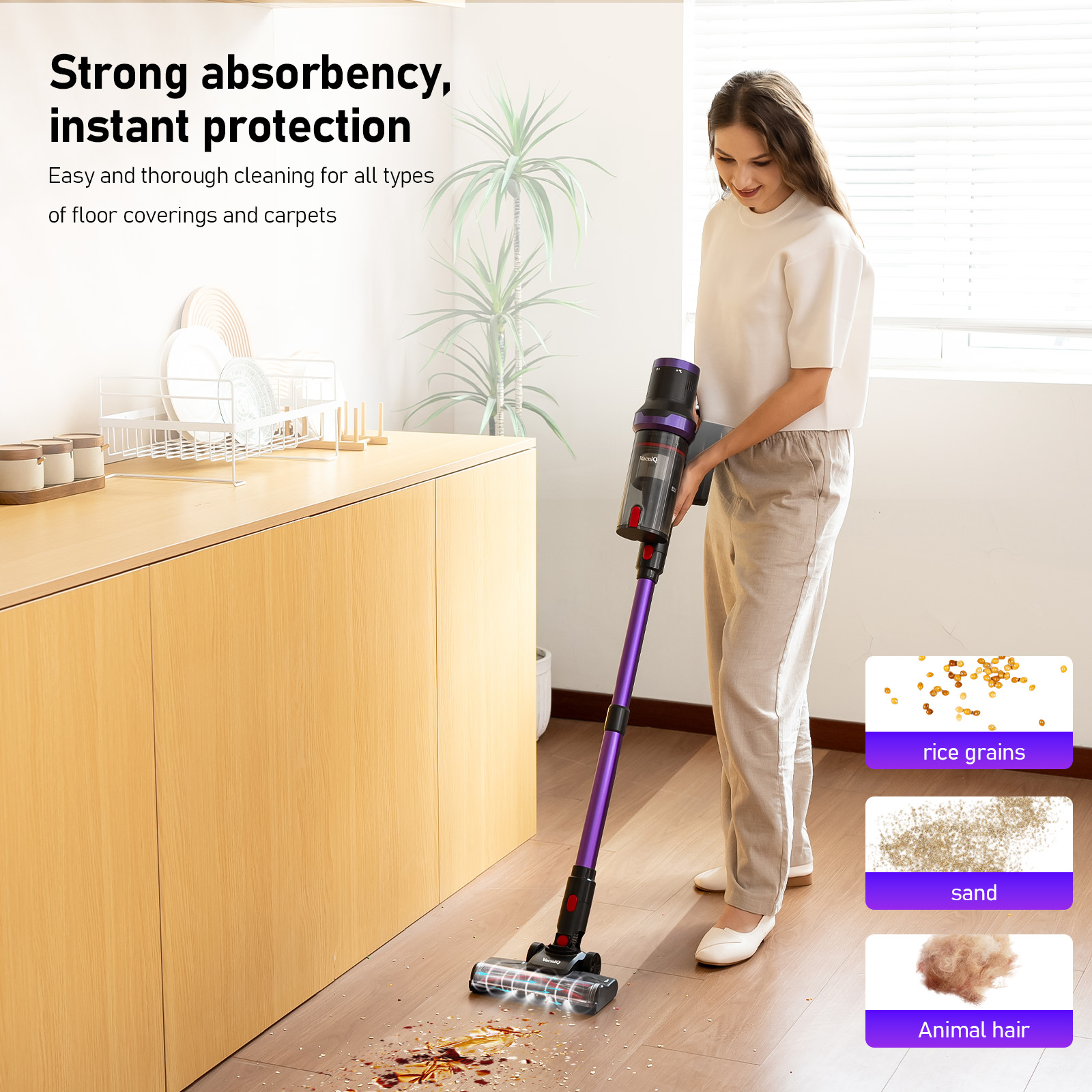 A woman vacuums a wood floor. The vacuum is purple and black. Rice grains, sand, and animal hair are shown.