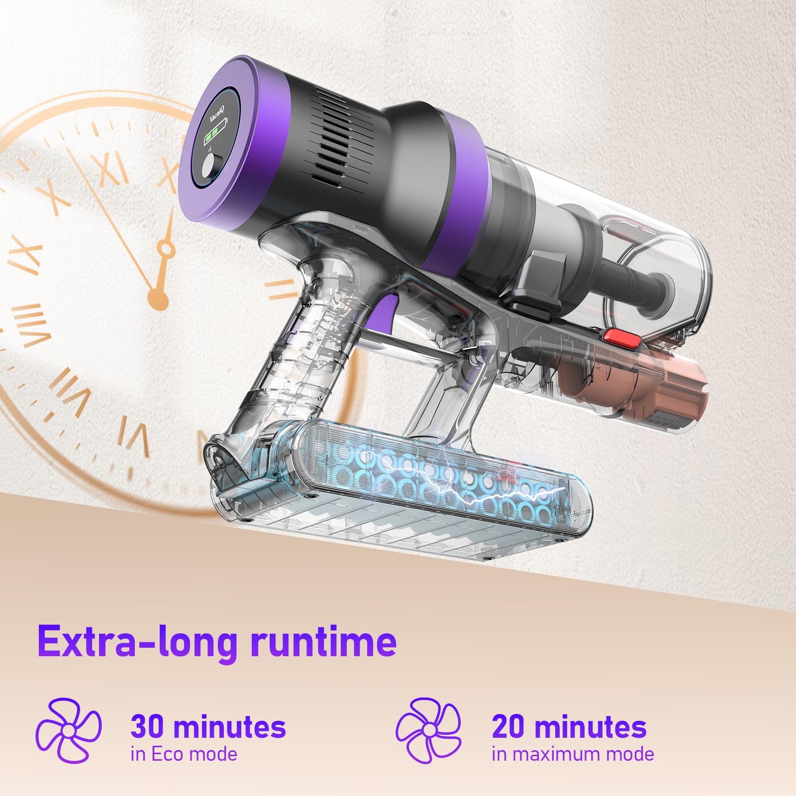 A cordless vacuum cleaner with a purple accent. Clock in background. Text: Extra-long runtime, 30/20 minutes.