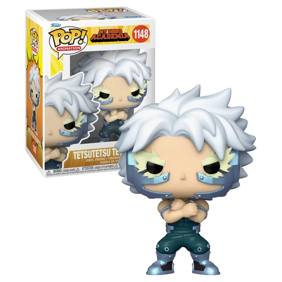 Figurka Funko Pop Tetsutetsu Tetsutetsu z My Hero Academia. Ma białe włosy, niebieską maskę i zielony strój.