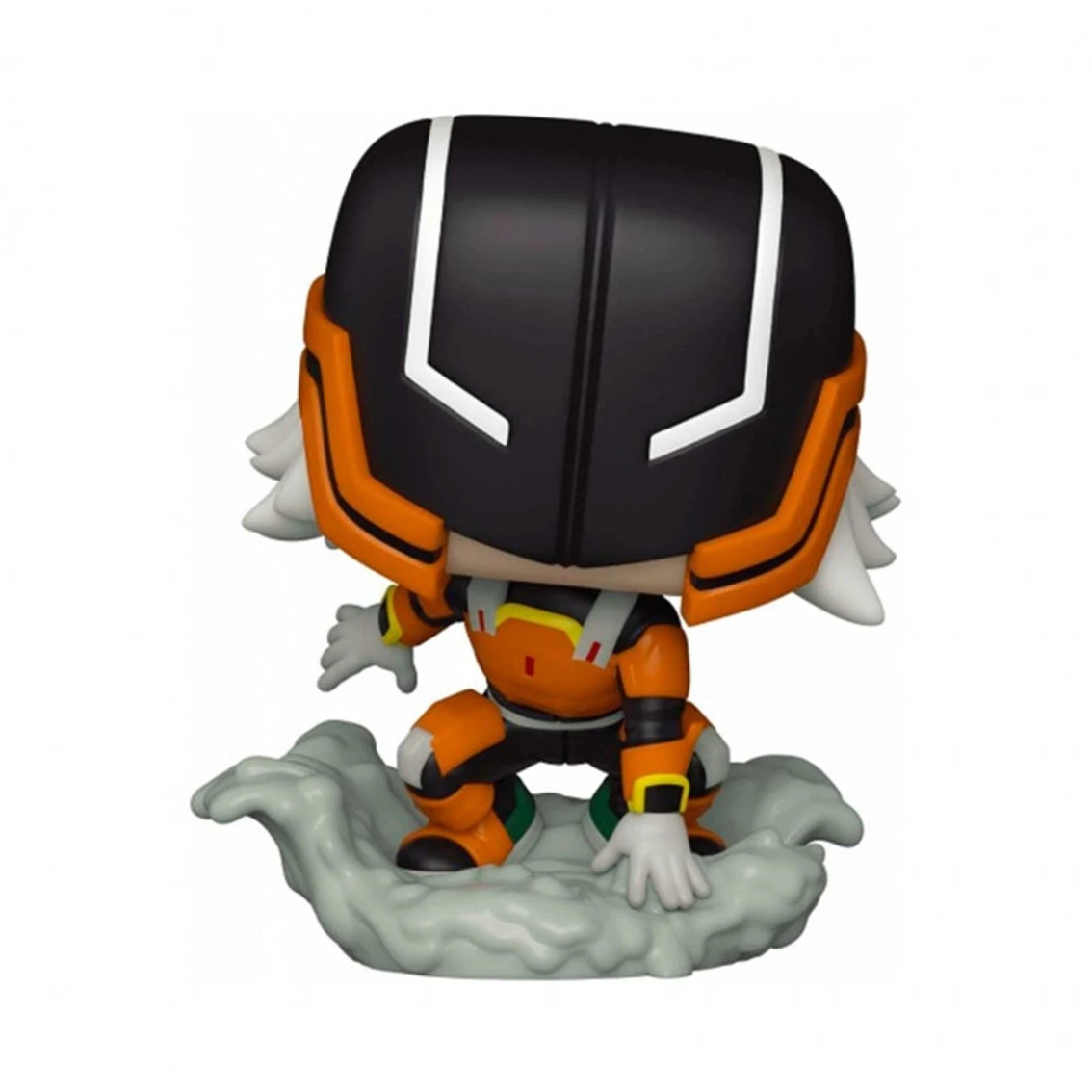 Figurka Funko Pop postaci w pomarańczowo-czarnym stroju z hełmem, na szarej podstawie w kształcie chmury, białe tło.