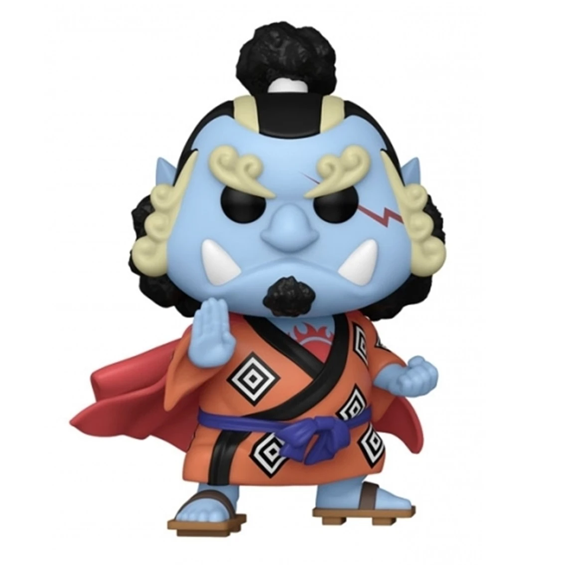 Una figura de piel azul con túnica naranja y capa roja, cabello negro, colmillos blancos y cinturón azul. Es una figura de Funko Pop.
